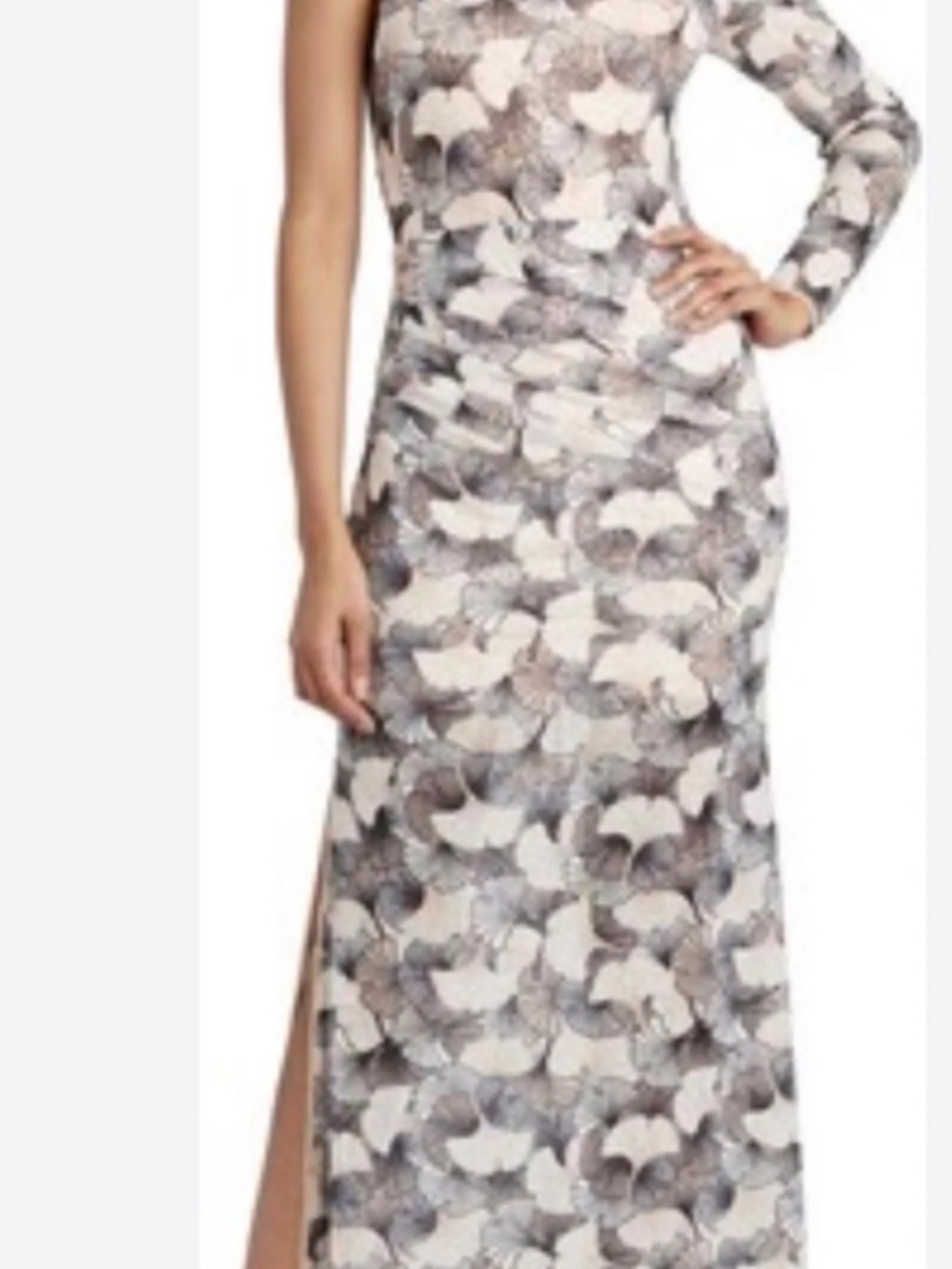 BCBGMaxAzria One-Shoulder Floral Maxi Dress in Cream and Gray